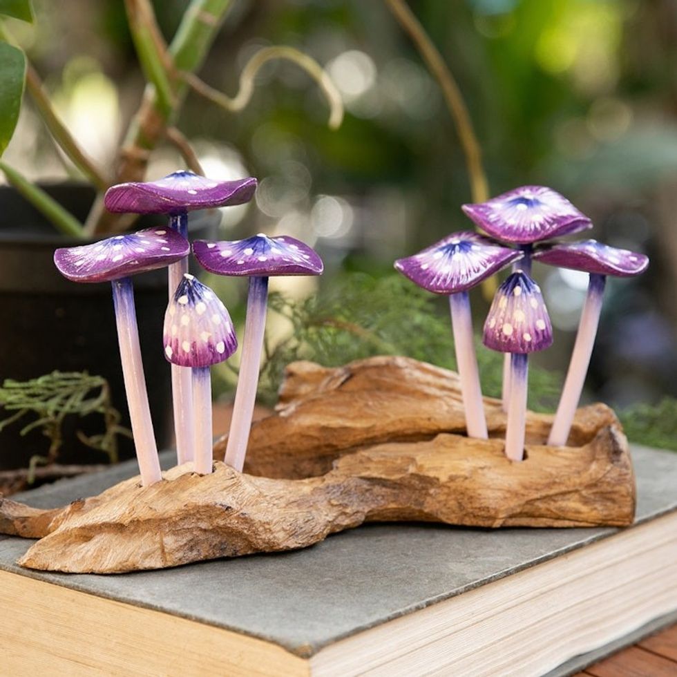 Handcrafted Nature-Themed Purple Mushroom Wood Sculpture 'Purple Tropic'