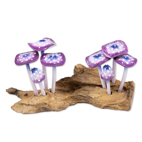 Alternate image for Handcrafted Nature-Themed Purple Mushroom Wood Sculpture Purple Tropic