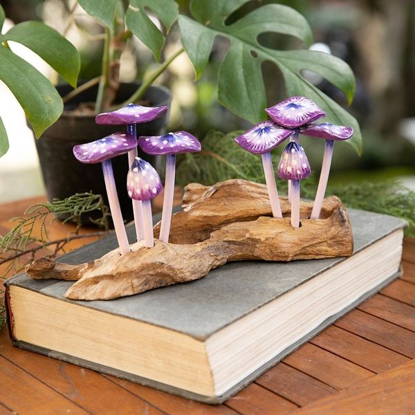 Alternate image for Handcrafted Nature-Themed Purple Mushroom Wood Sculpture Purple Tropic