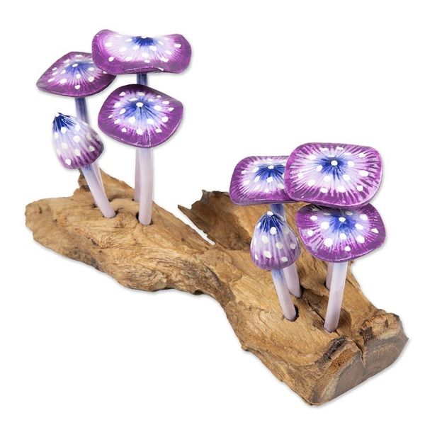 Alternate image for Handcrafted Nature-Themed Purple Mushroom Wood Sculpture Purple Tropic