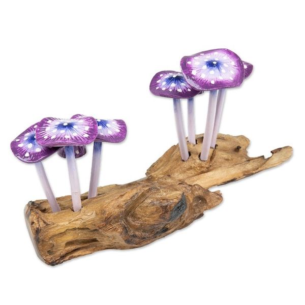 Alternate image for Handcrafted Nature-Themed Purple Mushroom Wood Sculpture Purple Tropic