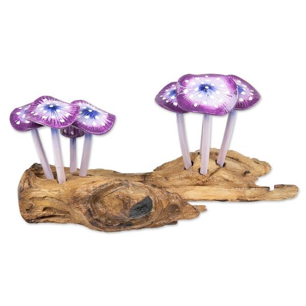 Alternate image for Handcrafted Nature-Themed Purple Mushroom Wood Sculpture Purple Tropic