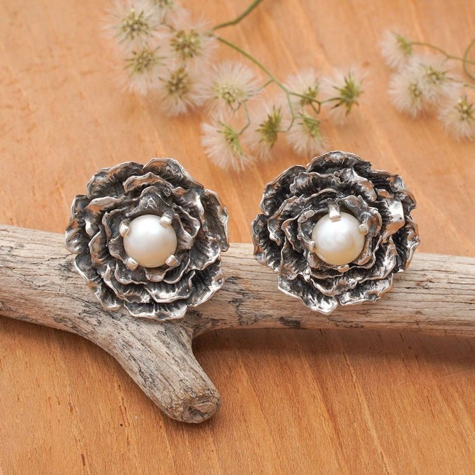 Floral Sterling Silver Button Earrings with Cultured Pearls 'Bouquet Beauty'