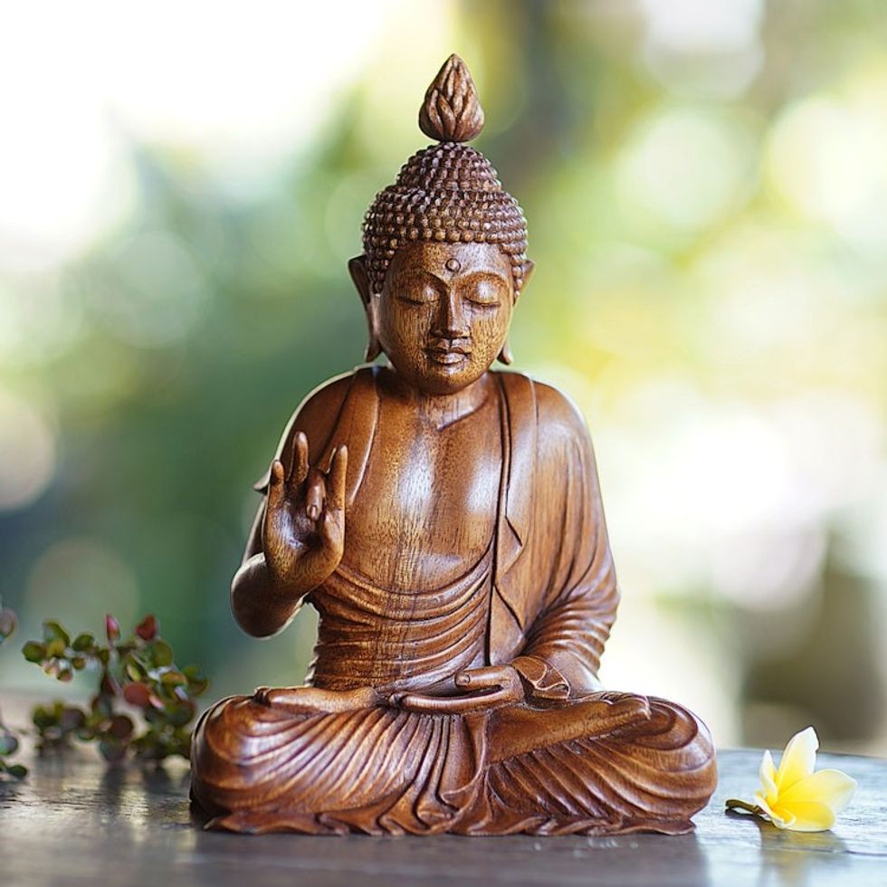 Inspirational Hand-Carved Suar Wood Buddha Sculpture 'Buddha Mudra'