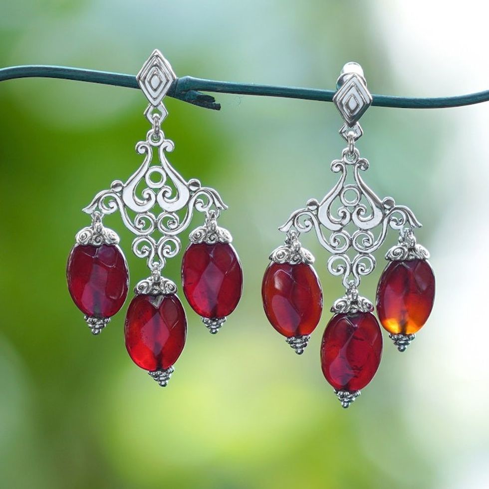 Checkerboard-Cut Carnelian Chandelier Earrings Made in Bali 'Valiant Party'
