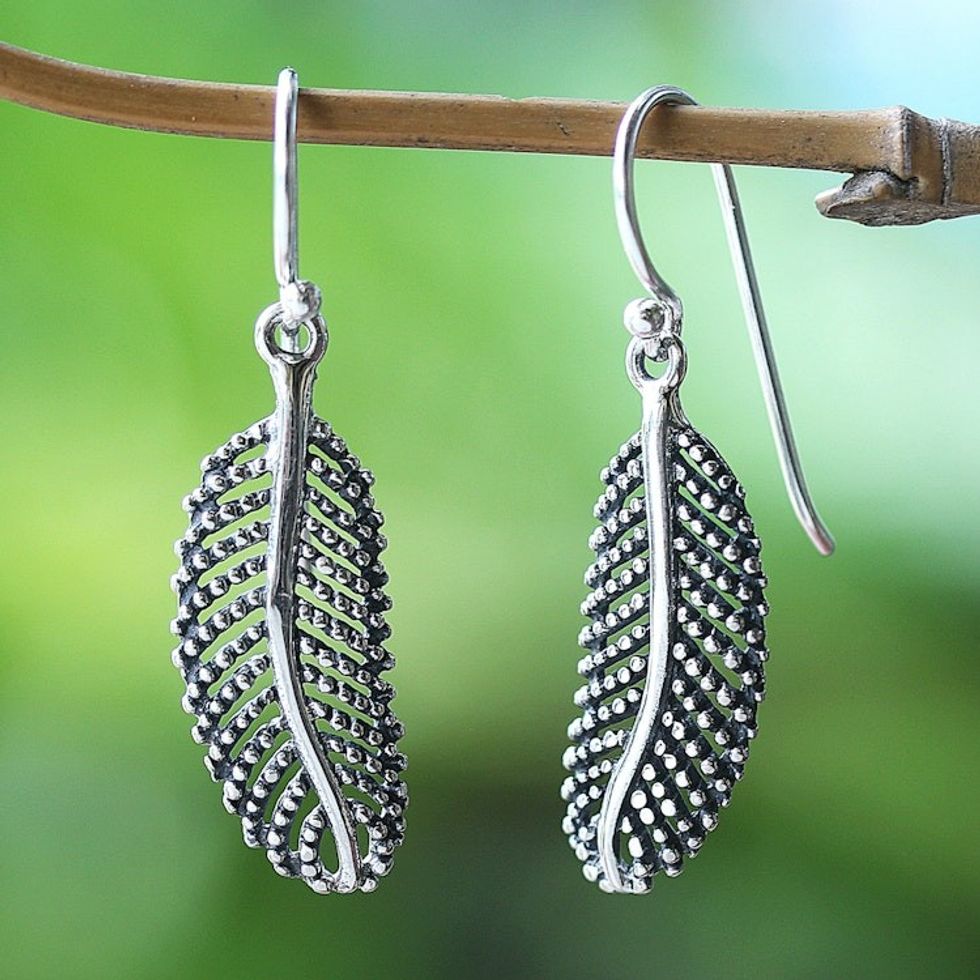 Leafy Polished and Oxidized Sterling Silver Dangle Earrings 'Snowy Foliage'