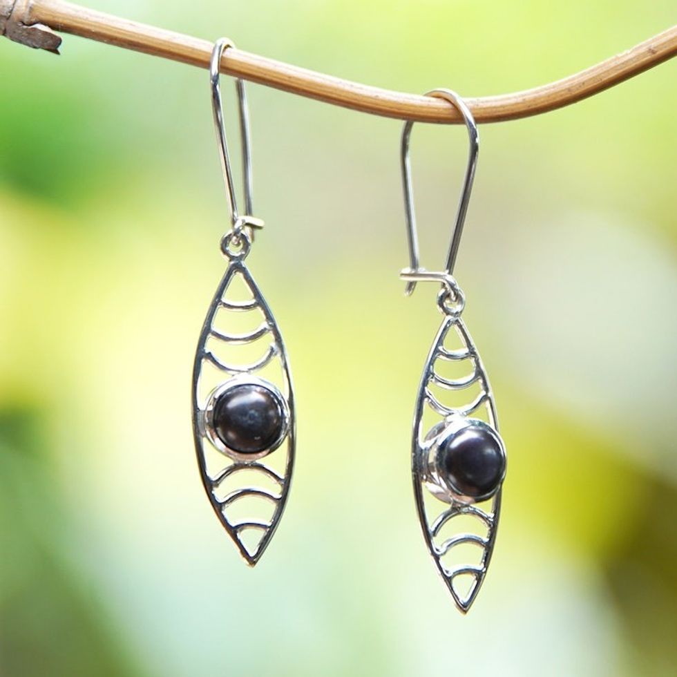 Sterling Silver Dangle Earrings with Black Cultured Pearls 'Surf Style'