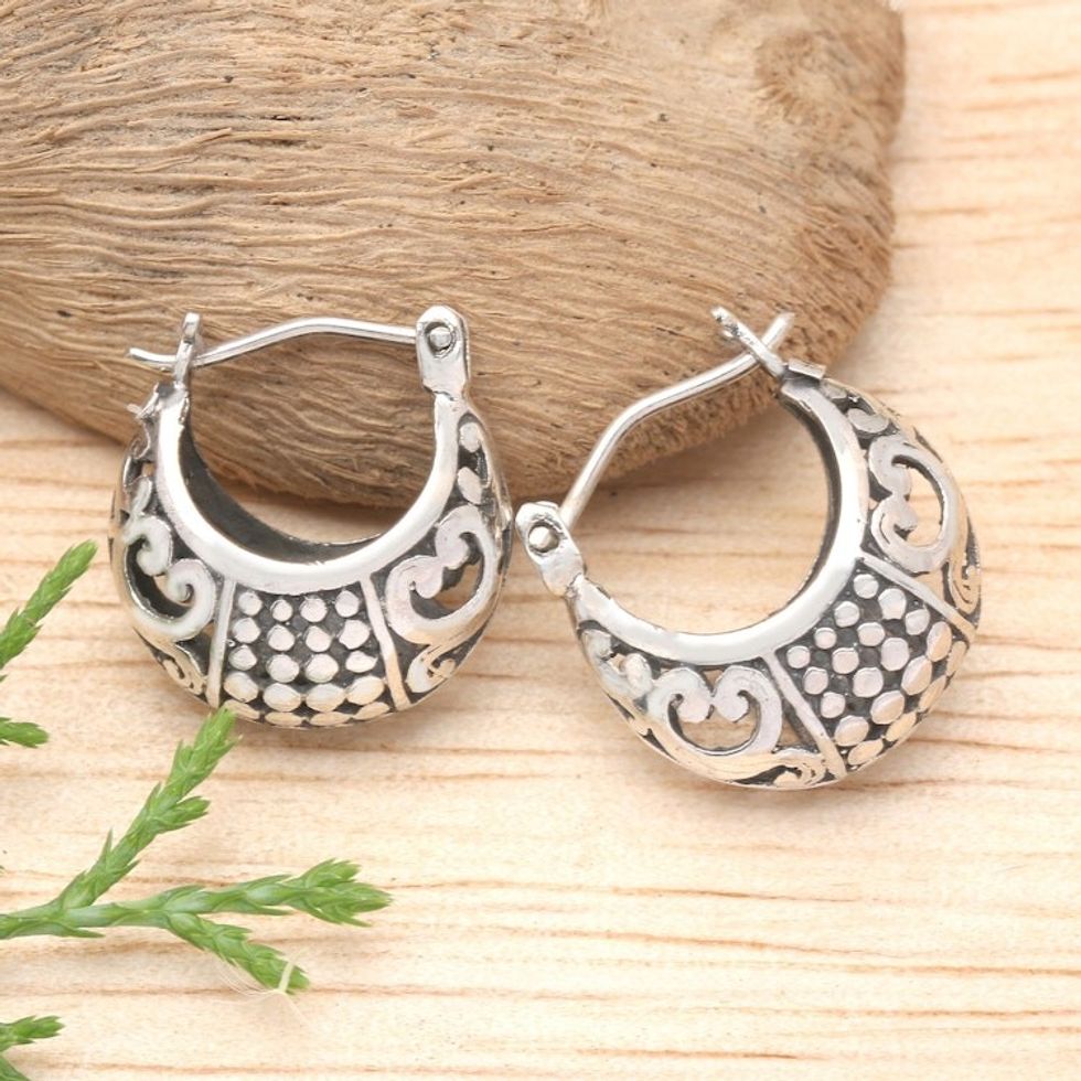 Traditional Balinese Sterling Silver Hoop Earrings 'Regal Caress'