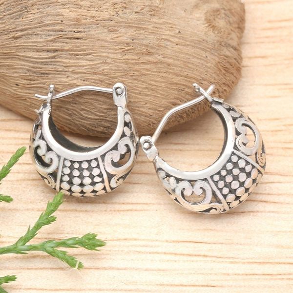 Alternate image for Traditional Balinese Sterling Silver Hoop Earrings Regal Caress