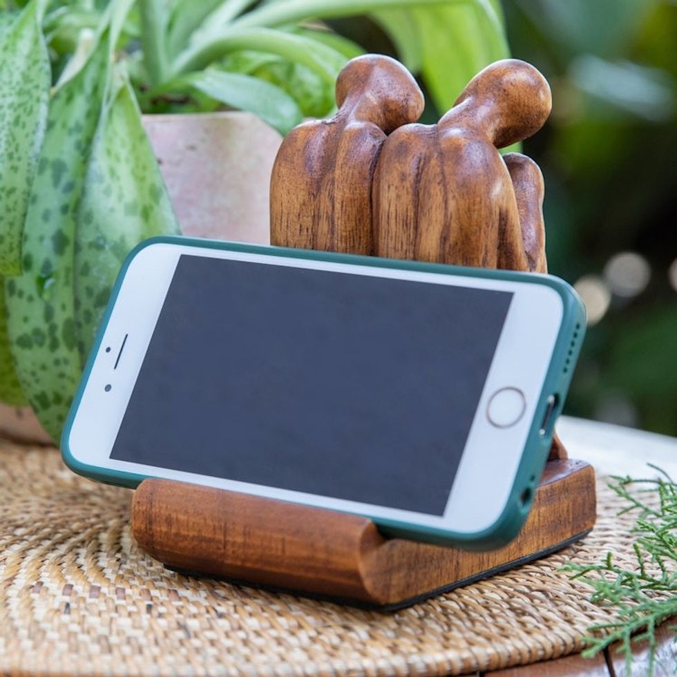 Hand-Carved Inspirational Jempinis Wood Phone Holder 'Best Brotherhood'