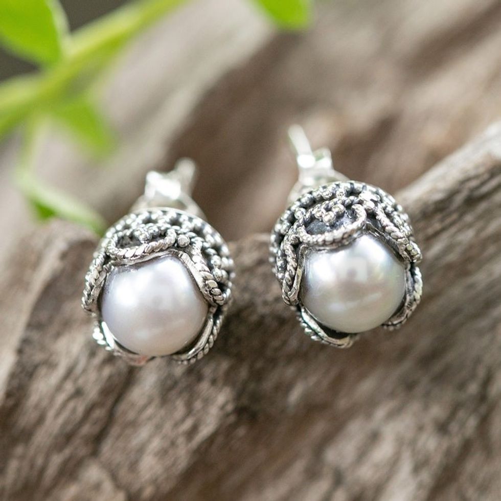 Classic Balinese-Made Grey Cultured Pearl Stud Earrings 'Pearly Manifestation'