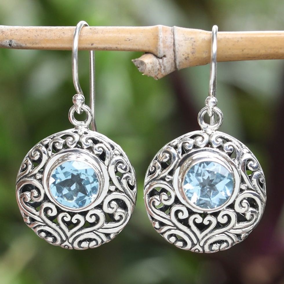 Sterling Silver Blue Topaz Dangle Earrings with Vine Motifs 'Shimmering Blooms'