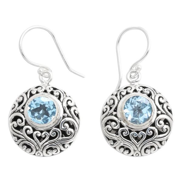 Alternate image for Sterling Silver Blue Topaz Dangle Earrings with Vine Motifs Shimmering Blooms