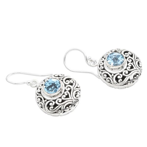 Alternate image for Sterling Silver Blue Topaz Dangle Earrings with Vine Motifs Shimmering Blooms