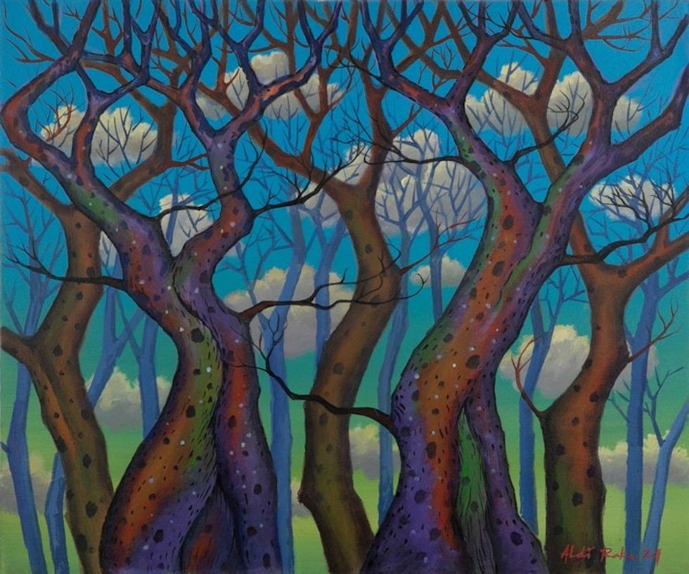Javanese Nature-Themed Forest Acrylic on Canvas Painting 'Tree Dance in the Forest'