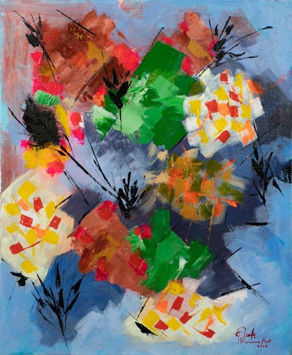 Abstract-Inspired Expressionist Floral Acrylic Painting 'Forsythia Flower'