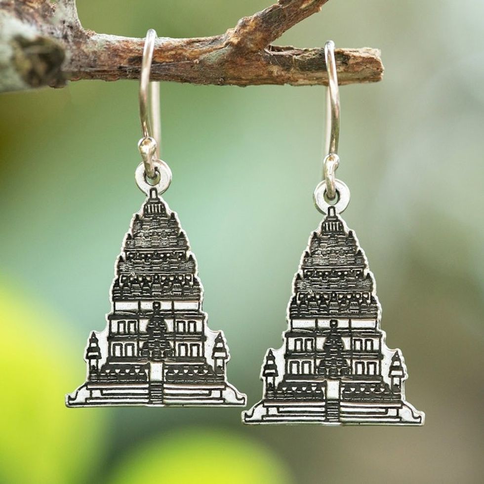 Balinese Besakih Hindu Temple-Themed Silver Dangle Earrings 'Besakih Temple'