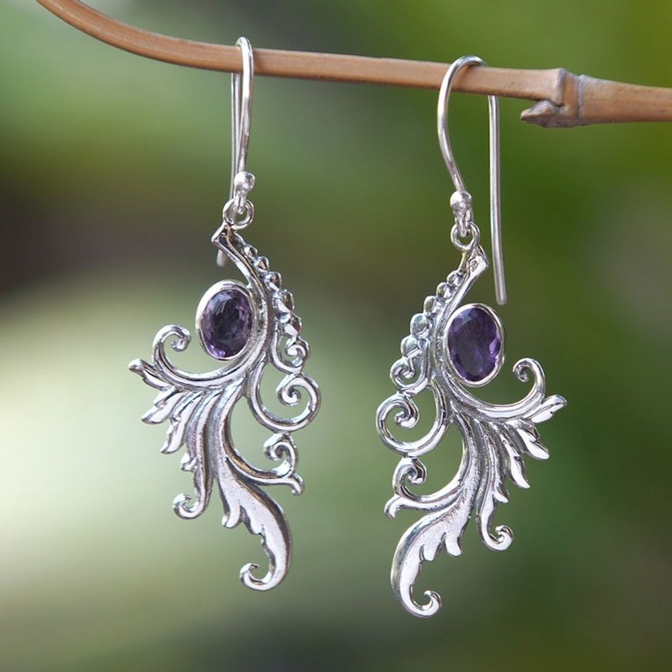 Sterling Silver Peacock Feather Earrings with Amethyst Gems 'Peacock Supreme in Purple'