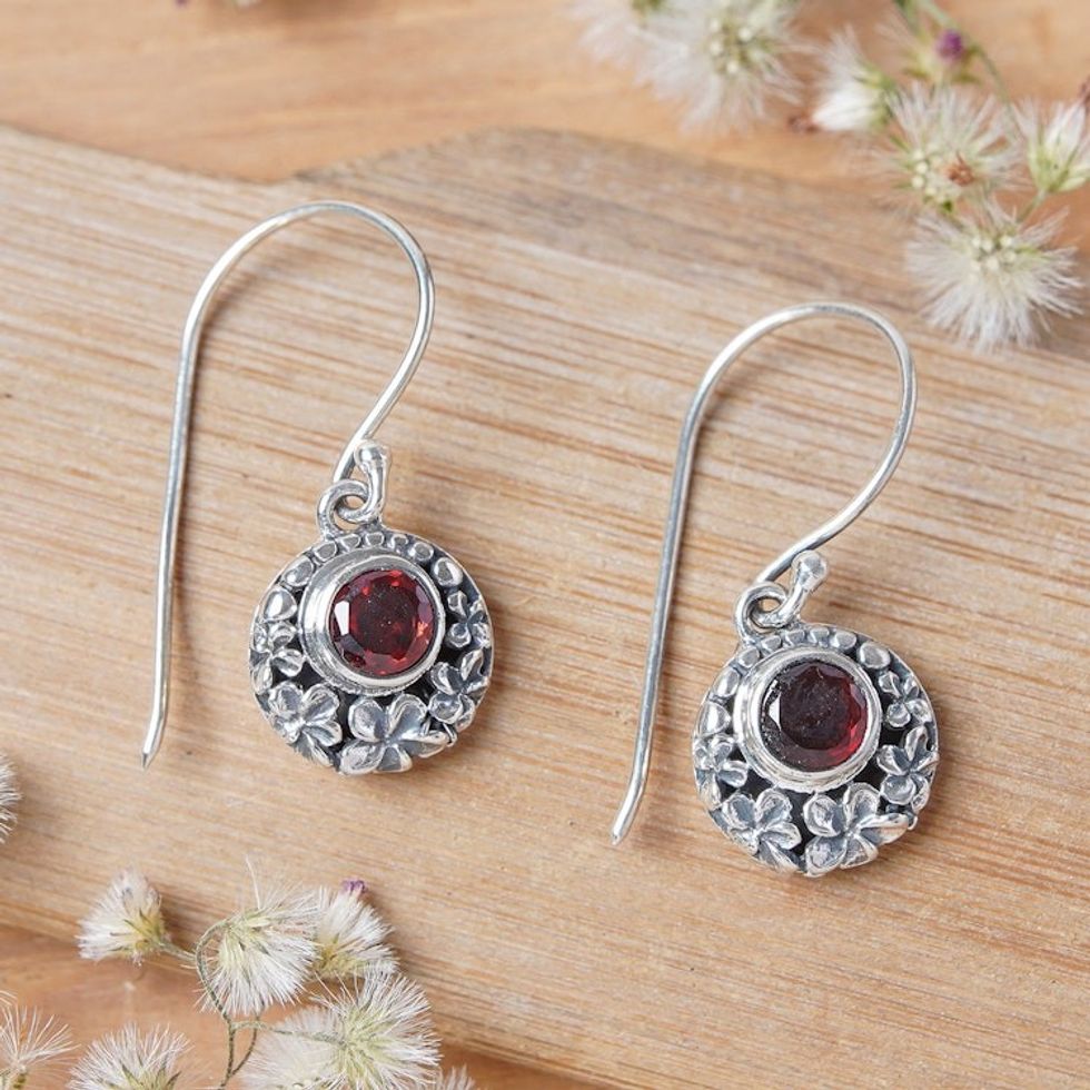 Frangipani-Themed Dangle Earrings with Faceted Garnet Gems 'Passionate Frangipani'