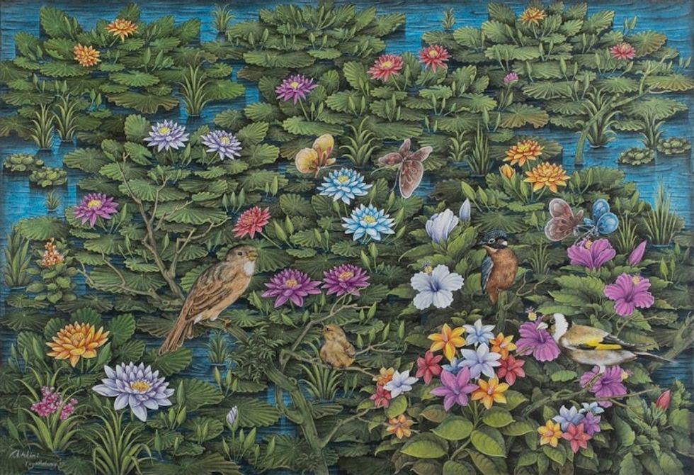 Lotus Flower Bird Butterfly-Themed Acrylic on Paper Painting 'Heaven of Lotus'