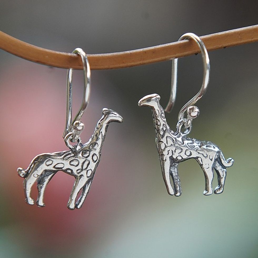 Polished Giraffe-Shaped Sterling Silver Dangle Earrings 'Giraffe Duo'
