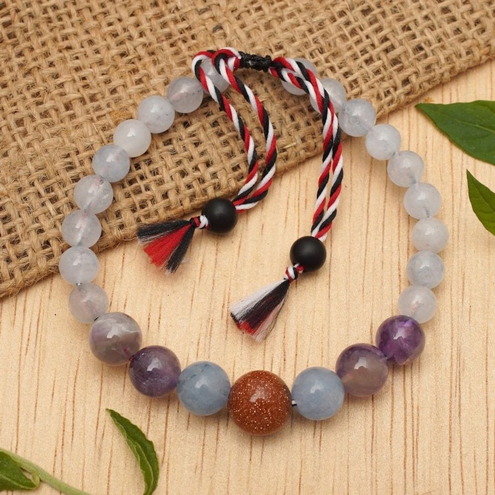 Adjustable Aquamarine and Amethyst Beaded Bracelet from Bali 'Times of Wisdom'