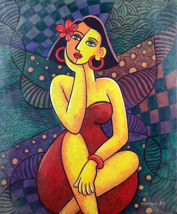 Alternate image for Expressionist Acrylic Painting of Daydreaming Woman Fantasizing