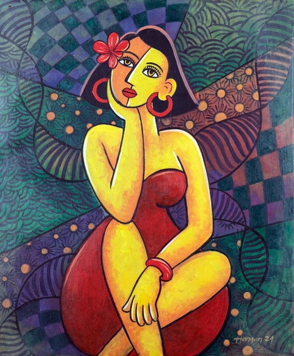 Expressionist Acrylic Painting of Daydreaming Woman 'Fantasizing'