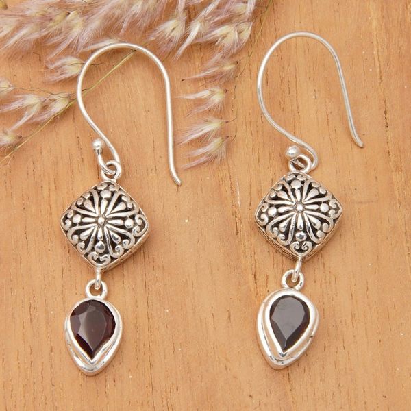 Alternate image for Sterling Silver Dangle Earrings with Pear Garnet Gemstones Heavenly Red