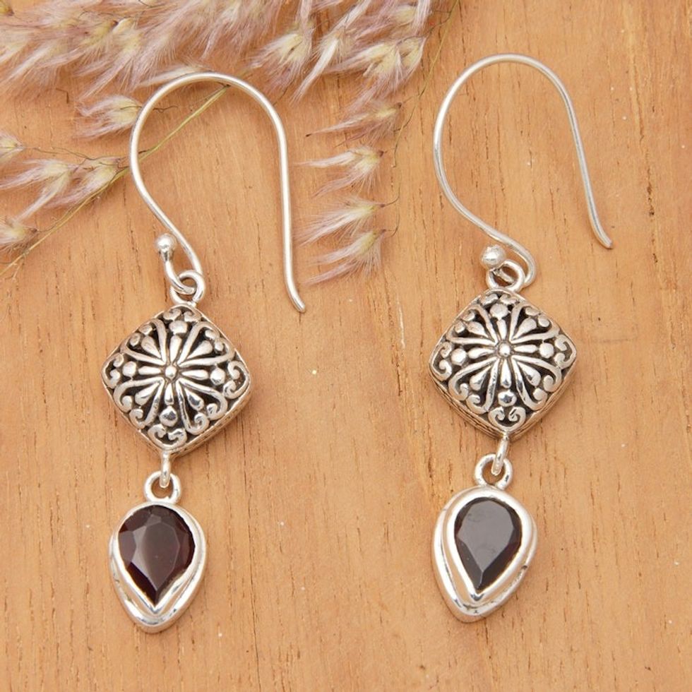 Sterling Silver Dangle Earrings with Pear Garnet Gemstones 'Heavenly Red'