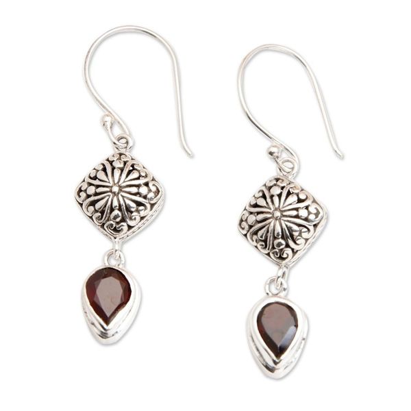 Alternate image for Sterling Silver Dangle Earrings with Pear Garnet Gemstones Heavenly Red