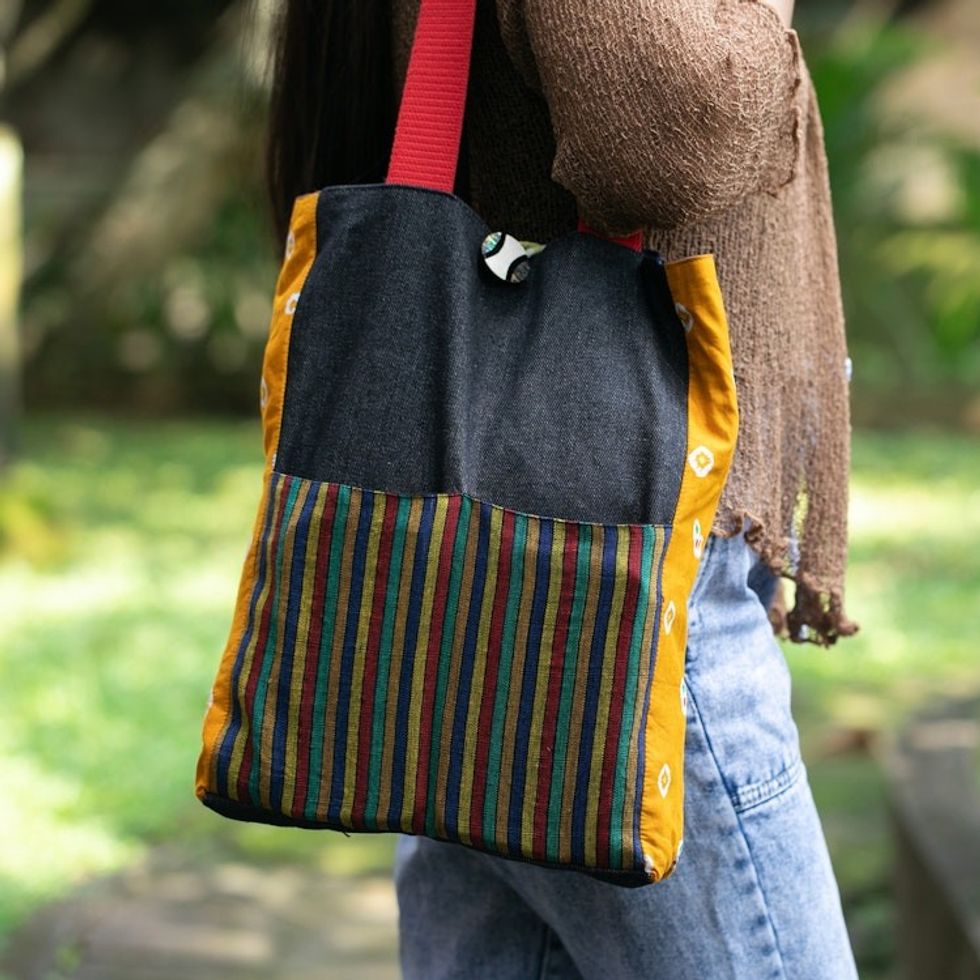 Folk Art-Themed Reversible Cotton Tote Bag from Indonesia 'Sides of Indonesia'