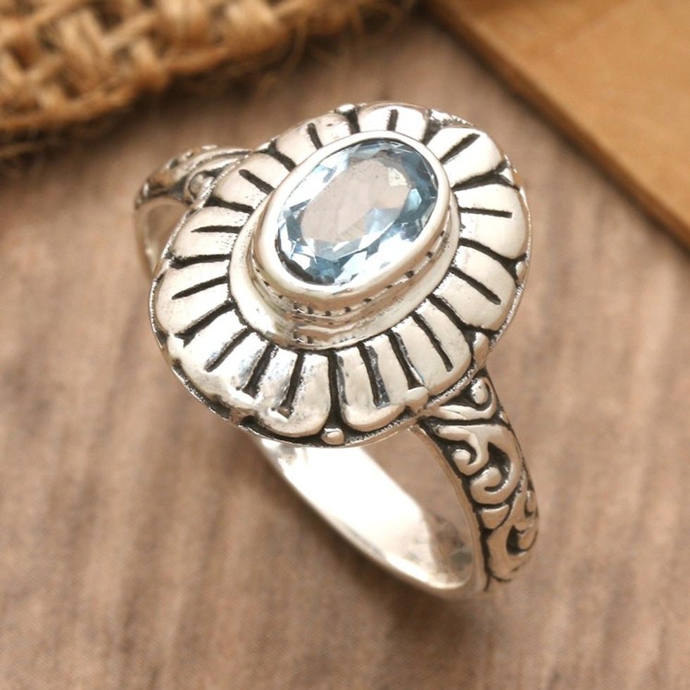 Classic Floral Sterling Silver and Blue Topaz Cocktail Ring 'Ocean Bloom'