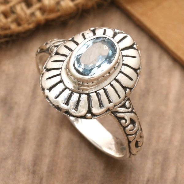 Alternate image for Classic Floral Sterling Silver and Blue Topaz Cocktail Ring Ocean Bloom