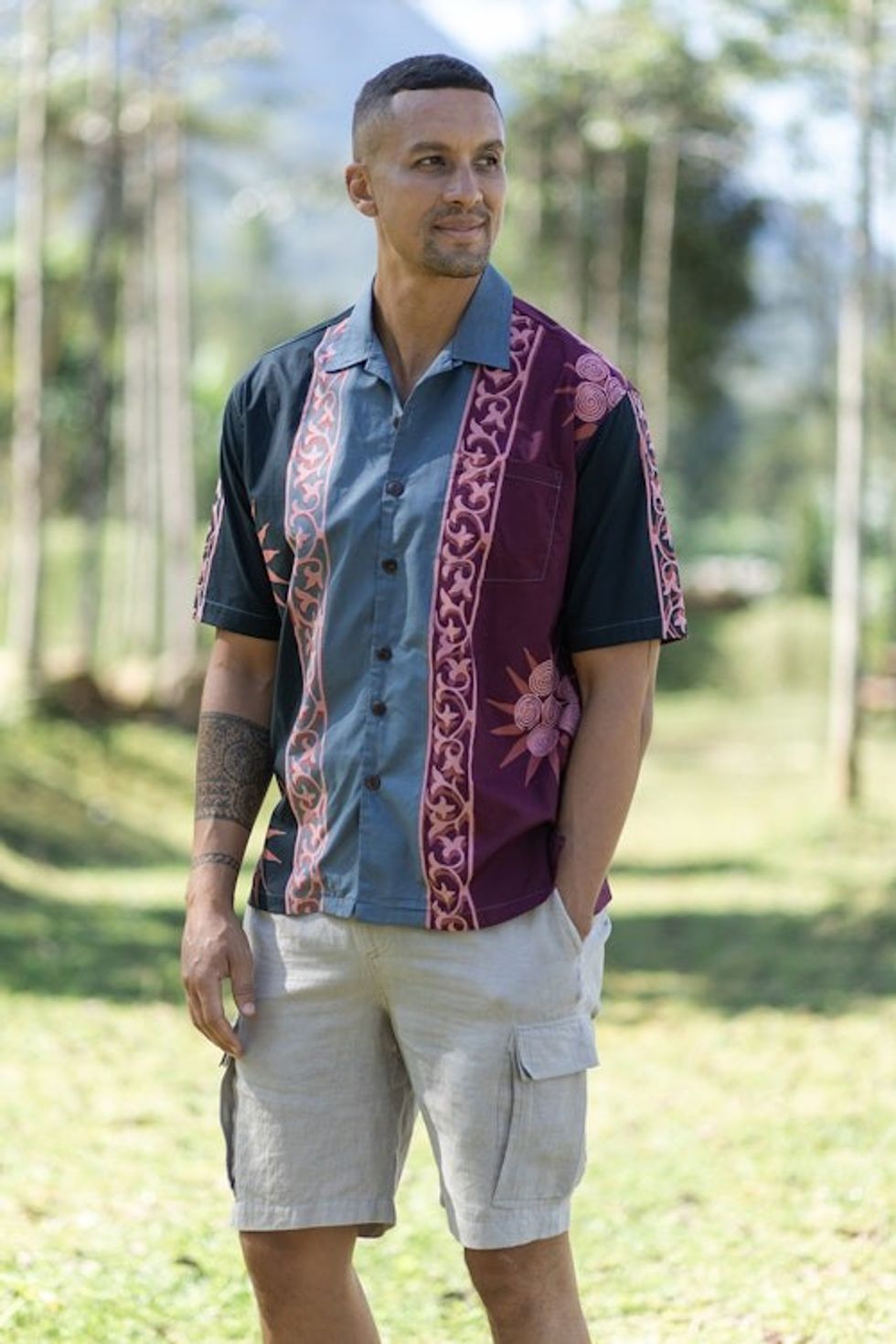 Men's Short-Sleeved Batik Cotton Button Shirt from Bali 'Sunshine in Ubud'