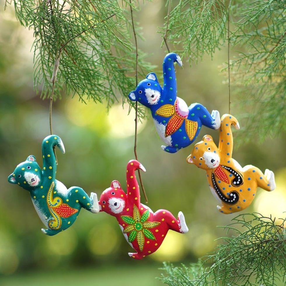 Set of 4 Hand-Painted Tropical Albesia Wood Bear Ornaments 'Island Bears'