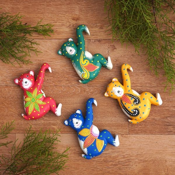 Alternate image for Set of 4 Hand-Painted Tropical Albesia Wood Bear Ornaments Island Bears