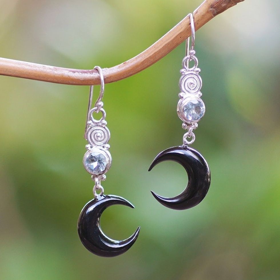 Moon-Shaped Two-Carat Faceted Blue Topaz Dangle Earrings 'Loyal Crescent'