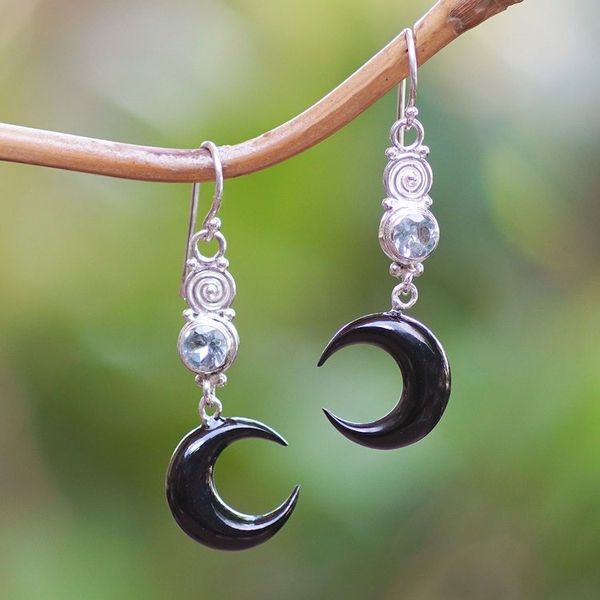 Alternate image for Moon-Shaped Two-Carat Faceted Blue Topaz Dangle Earrings Loyal Crescent