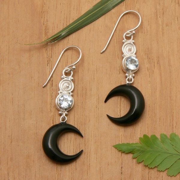 Alternate image for Moon-Shaped Two-Carat Faceted Blue Topaz Dangle Earrings Loyal Crescent