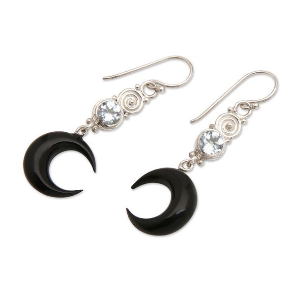 Alternate image for Moon-Shaped Two-Carat Faceted Blue Topaz Dangle Earrings Loyal Crescent