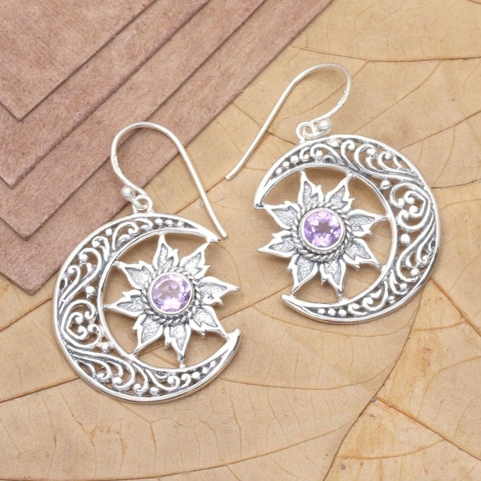 Traditional Moon and Floral-Themed Amethyst Dangle Earrings 'Purple Cycle'