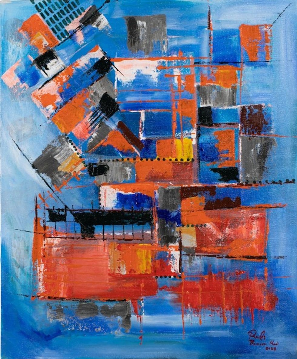 Blue Orange Brown Modern Abstract Geometric Acrylic Painting 'Train Station'