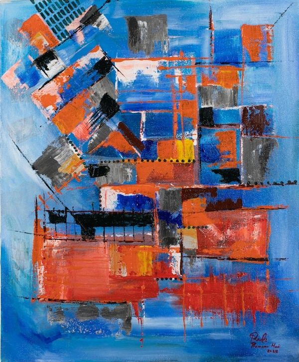 Alternate image for Blue Orange Brown Modern Abstract Geometric Acrylic Painting Train Station