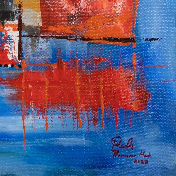 Alternate image for Blue Orange Brown Modern Abstract Geometric Acrylic Painting Train Station