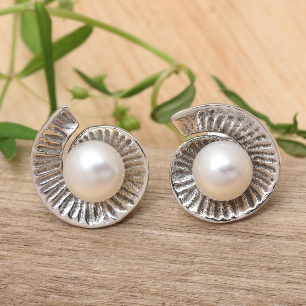 Whirl-Shaped Grey Cultured Pearl Button Earrings from Bali 'Ocean Whirl'