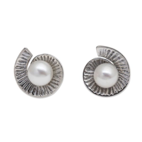 Alternate image for Whirl-Shaped Grey Cultured Pearl Button Earrings from Bali Ocean Whirl