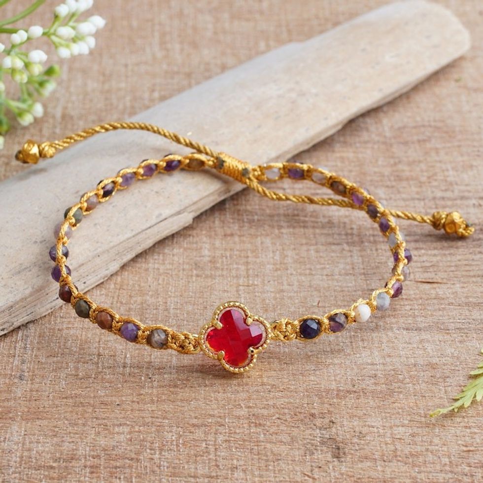 Tourmaline Beaded Bracelet with Red Flower Pendant from Bali 'Flower of Creativity'