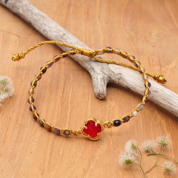 Alternate image for Tourmaline Beaded Bracelet with Red Flower Pendant from Bali Flower of Creativity