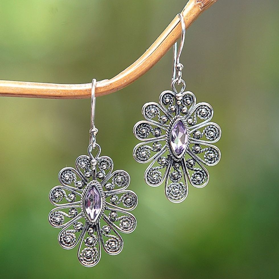 Amethyst Sterling Silver Peacock Tail Dangle Earrings 'Peacock Splendor'